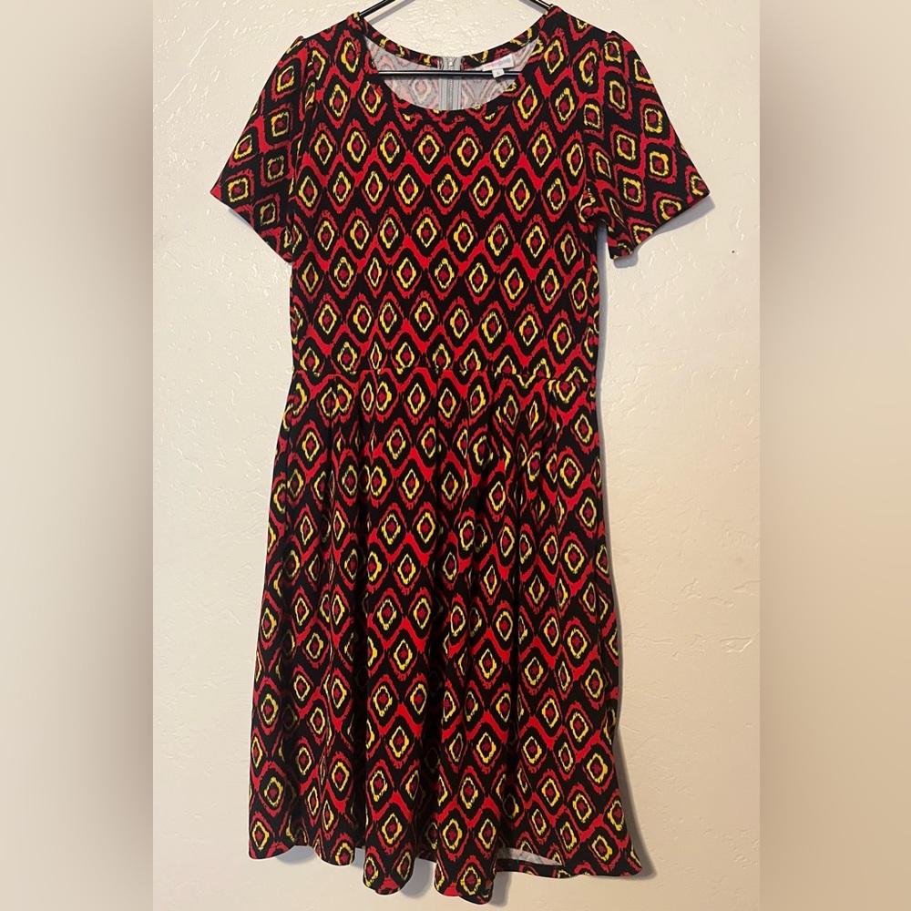 Lularoe Women’s Red Yellow Geometric Amelia Dress Size Large